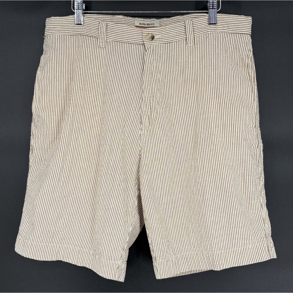 Barry Bricken Mens Seersucker Shorts 36 Cream Brown Lightweight Preppy Old Money